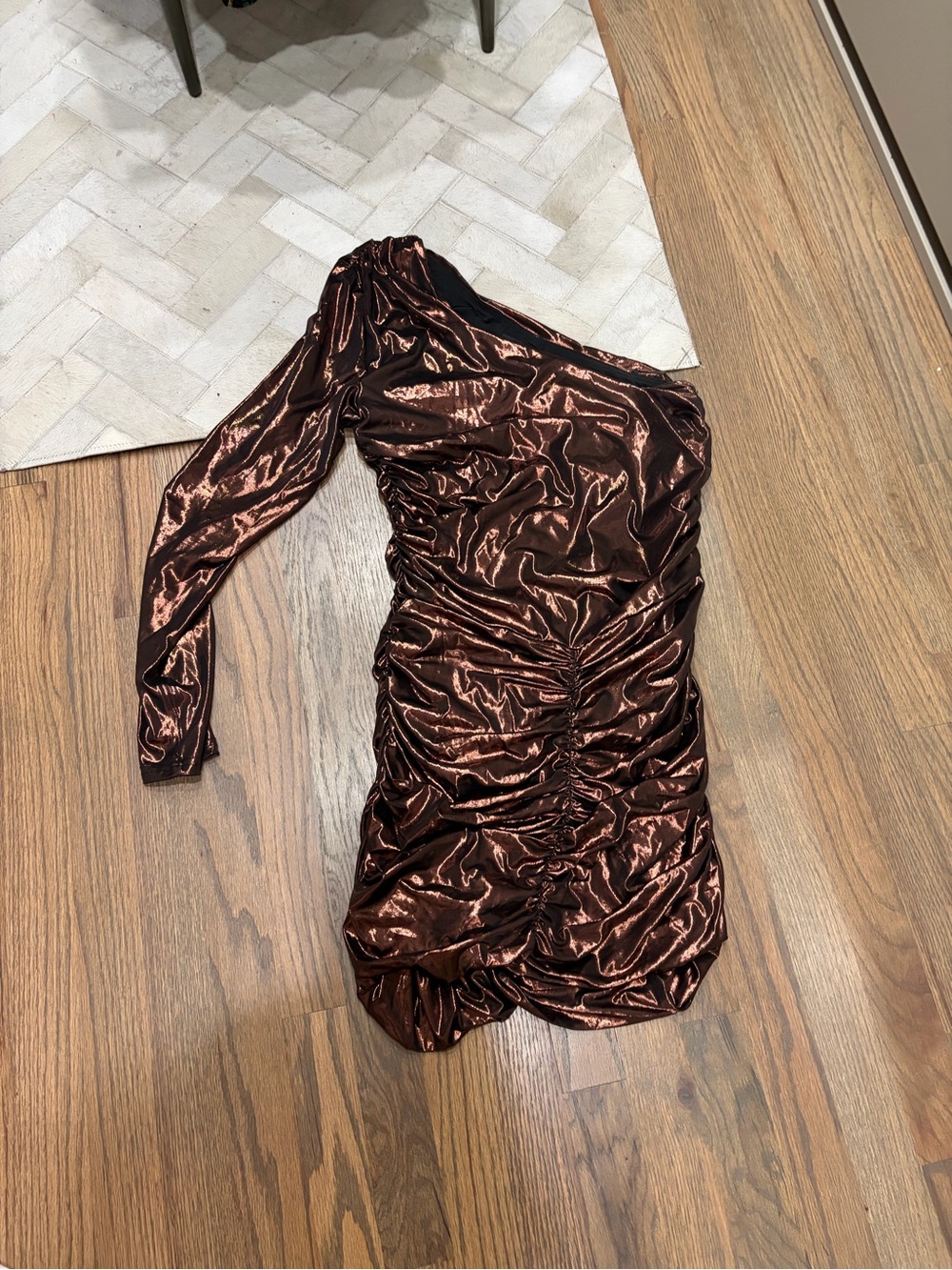 Fashion Nova Metallic Copper One-Shoulder Ruched Dress